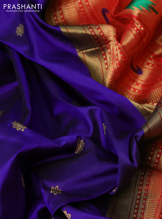 Pure paithani silk saree blue and red with allover zari woven buttas and paithani weaving pallu