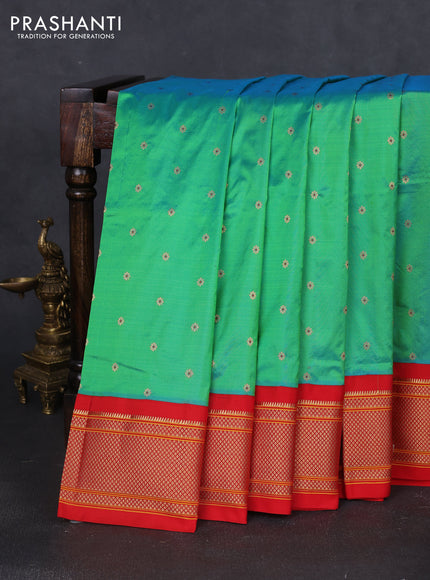 Pure paithani silk saree dual shade of teal bluish green and red with allover zari woven buttas and paithani weaving pallu