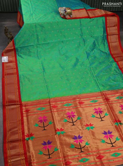Pure paithani silk saree dual shade of teal bluish green and red with allover zari woven buttas and paithani weaving pallu