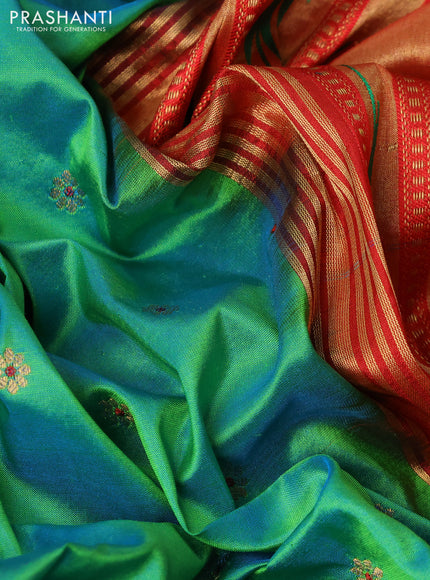 Pure paithani silk saree dual shade of teal bluish green and red with allover zari woven buttas and paithani weaving pallu