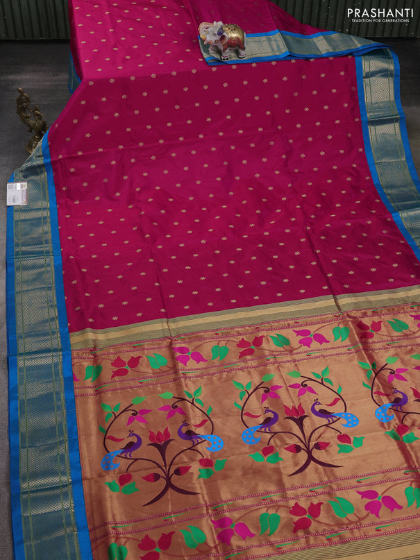 Pure paithani silk saree pink and cs blue with allover zari woven buttas and paithani weaving pallu