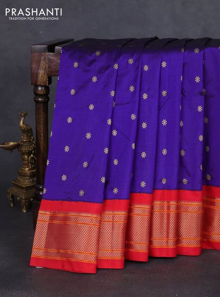 Pure paithani silk saree blue and red with allover zari woven buttas and paithani weaving pallu