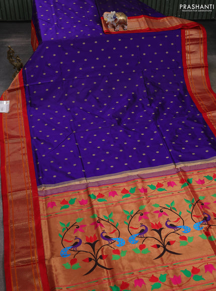 Pure paithani silk saree blue and red with allover zari woven buttas and paithani weaving pallu
