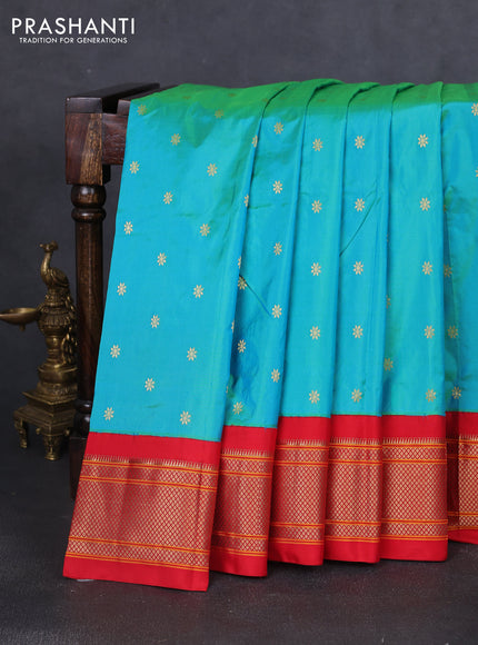 Pure paithani silk saree dual shade of teal bluish green and red with allover zari woven buttas and paithani weaving pallu