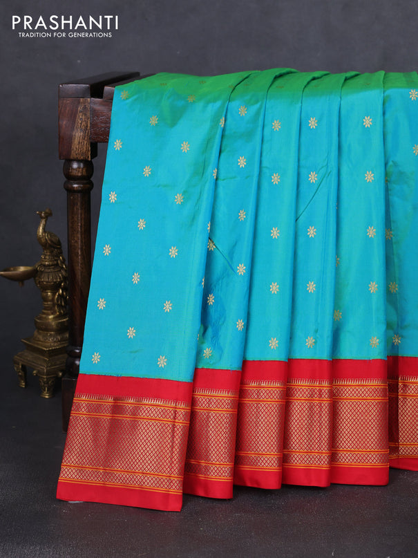 Pure paithani silk saree dual shade of teal bluish green and red with allover zari woven buttas and paithani weaving pallu