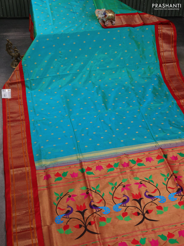 Pure paithani silk saree dual shade of teal bluish green and red with allover zari woven buttas and paithani weaving pallu