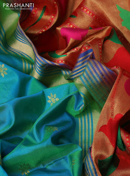 Pure paithani silk saree dual shade of teal bluish green and red with allover zari woven buttas and paithani weaving pallu