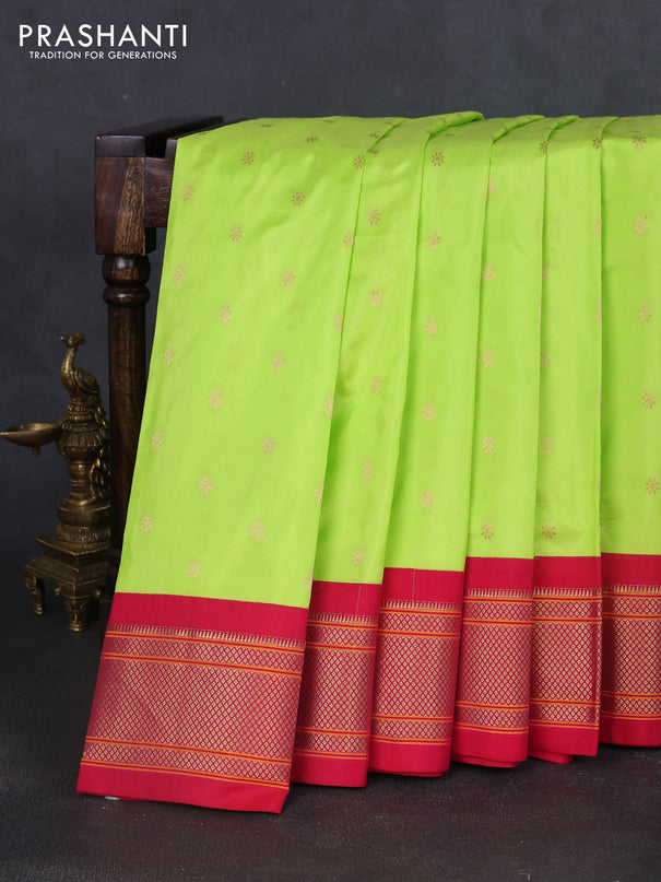 Pure paithani silk saree fluorescent green and reddish pink with allover zari woven buttas and paithani weaving pallu