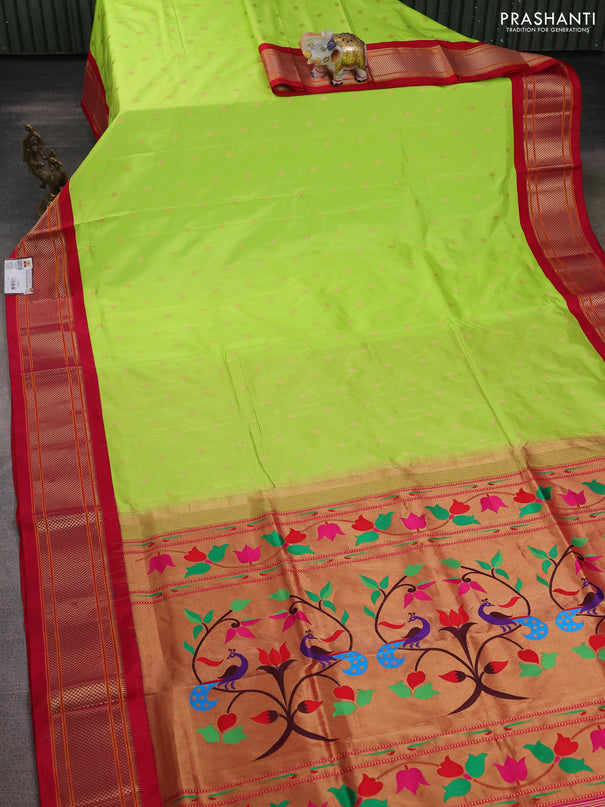 Pure paithani silk saree fluorescent green and reddish pink with allover zari woven buttas and paithani weaving pallu