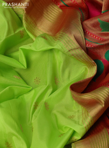 Pure paithani silk saree fluorescent green and reddish pink with allover zari woven buttas and paithani weaving pallu