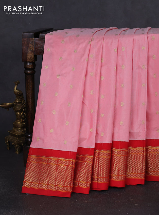 Pure paithani silk saree peach shade and red with allover zari woven buttas and paithani weaving pallu