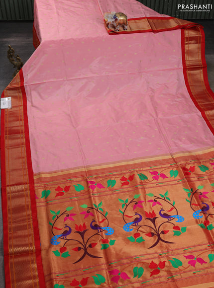 Pure paithani silk saree peach shade and red with allover zari woven buttas and paithani weaving pallu