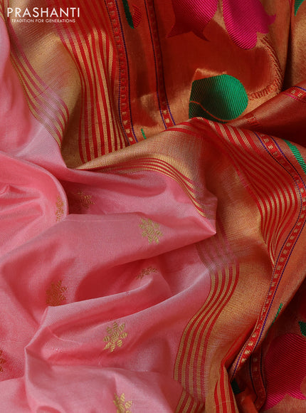Pure paithani silk saree peach shade and red with allover zari woven buttas and paithani weaving pallu