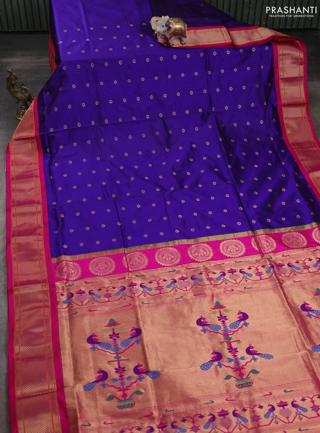 Pure paithani silk saree violet and pink with allover floral zari woven buttas and paithani weaving pallu