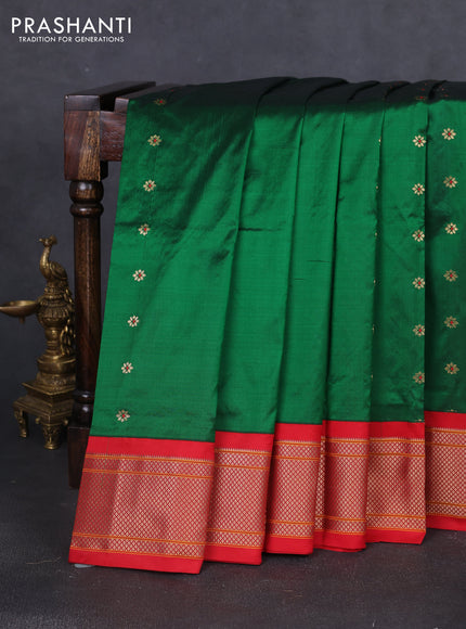 Pure paithani silk saree dark green and red with allover floral zari woven buttas and paithani weaving pallu