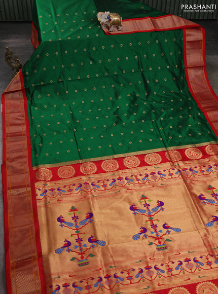 Pure paithani silk saree dark green and red with allover floral zari woven buttas and paithani weaving pallu