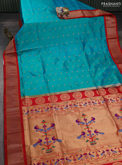 Pure paithani silk saree dual shade of teal bluish green and red with allover floral zari woven buttas and paithani weaving pallu