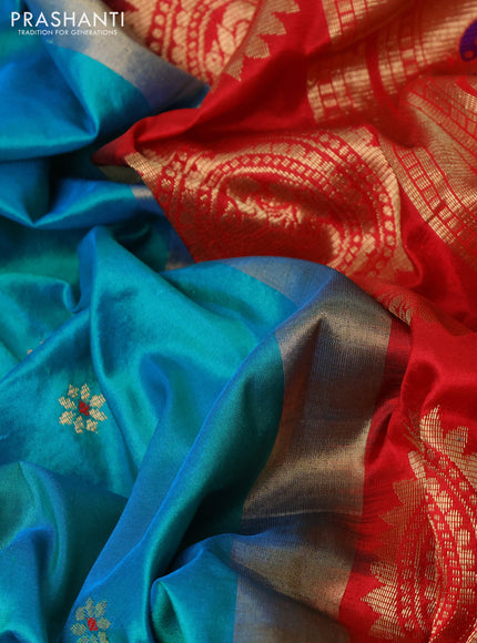 Pure paithani silk saree dual shade of teal bluish green and red with allover floral zari woven buttas and paithani weaving pallu