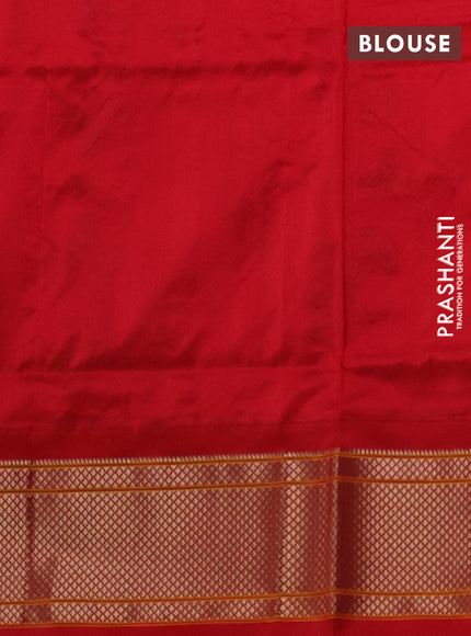 Pure paithani silk saree dual shade of teal bluish green and red with allover floral zari woven buttas and paithani weaving pallu