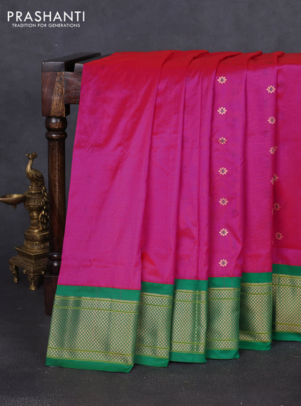 Pure paithani silk saree pink and green with allover floral zari woven buttas and paithani weaving pallu