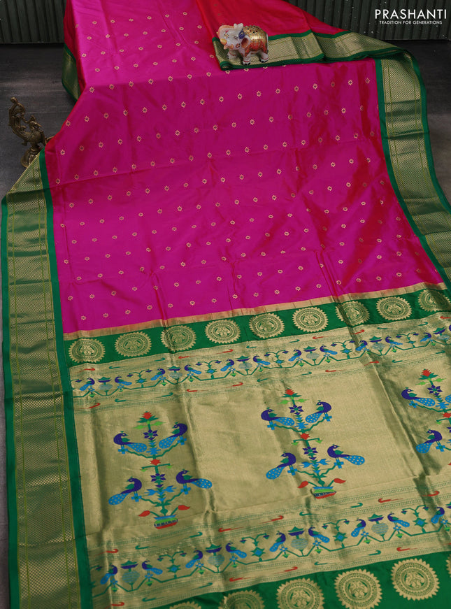 Pure paithani silk saree pink and green with allover floral zari woven buttas and paithani weaving pallu
