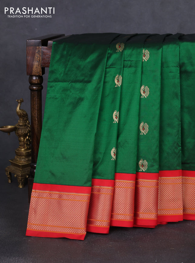Pure paithani silk saree green and red with allover annam zari woven buttas and paithani weaving pallu