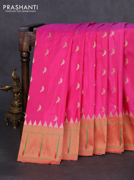 Pure paithani silk saree pink and red with allover peacock zari woven buttas and zari woven muniya butta border