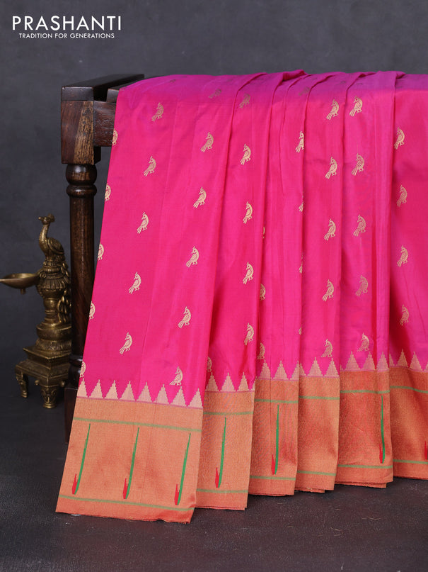 Pure paithani silk saree pink and red with allover peacock zari woven buttas and zari woven muniya butta border
