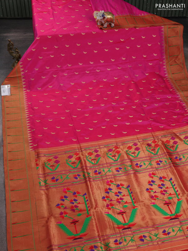 Pure paithani silk saree pink and red with allover peacock zari woven buttas and zari woven muniya butta border