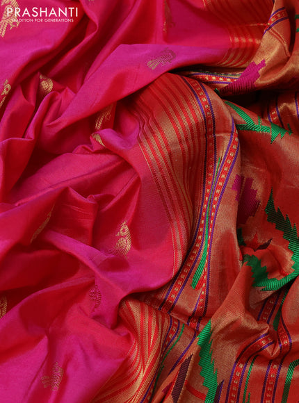 Pure paithani silk saree pink and red with allover peacock zari woven buttas and zari woven muniya butta border