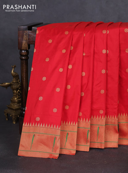 Pure paithani silk saree red with allover zari woven buttas and zari woven muniya butta border