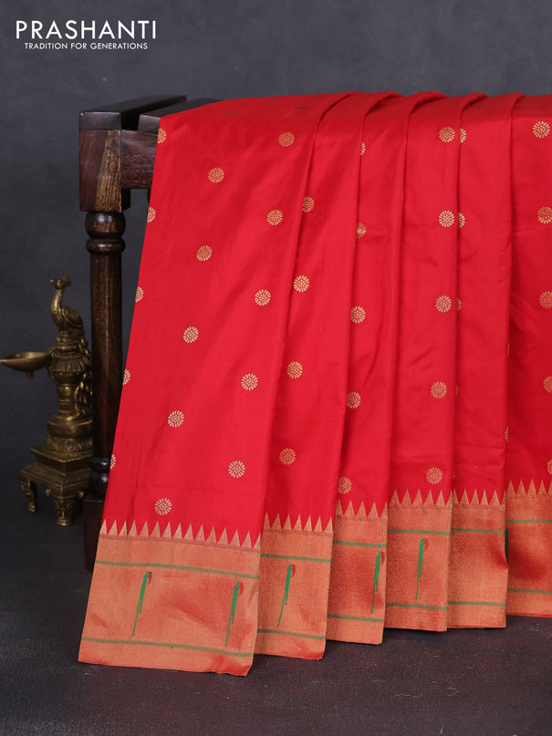 Pure paithani silk saree red with allover zari woven buttas and zari woven muniya butta border