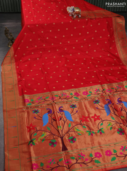 Pure paithani silk saree red with allover zari woven buttas and zari woven muniya butta border