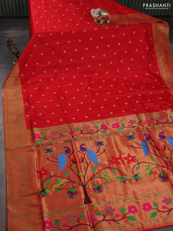 Pure paithani silk saree red with allover zari woven buttas and zari woven muniya butta border