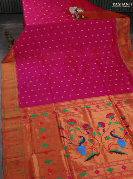 Pure paithani silk saree pink and red with allover zari woven buttas and zari woven muniya butta border