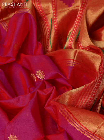Pure paithani silk saree pink and red with allover zari woven buttas and zari woven muniya butta border