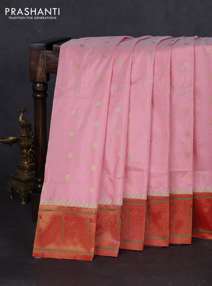 Pure paithani silk saree mild peach and red with allover zari woven buttas and zari woven muniya butta border