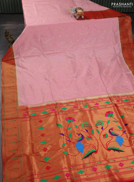 Pure paithani silk saree mild peach and red with allover zari woven buttas and zari woven muniya butta border