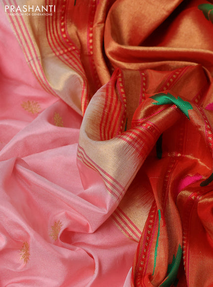 Pure paithani silk saree mild peach and red with allover zari woven buttas and zari woven muniya butta border
