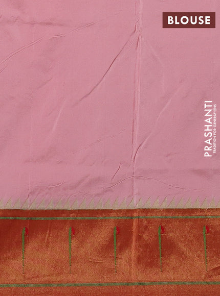 Pure paithani silk saree mild peach and red with allover zari woven buttas and zari woven muniya butta border
