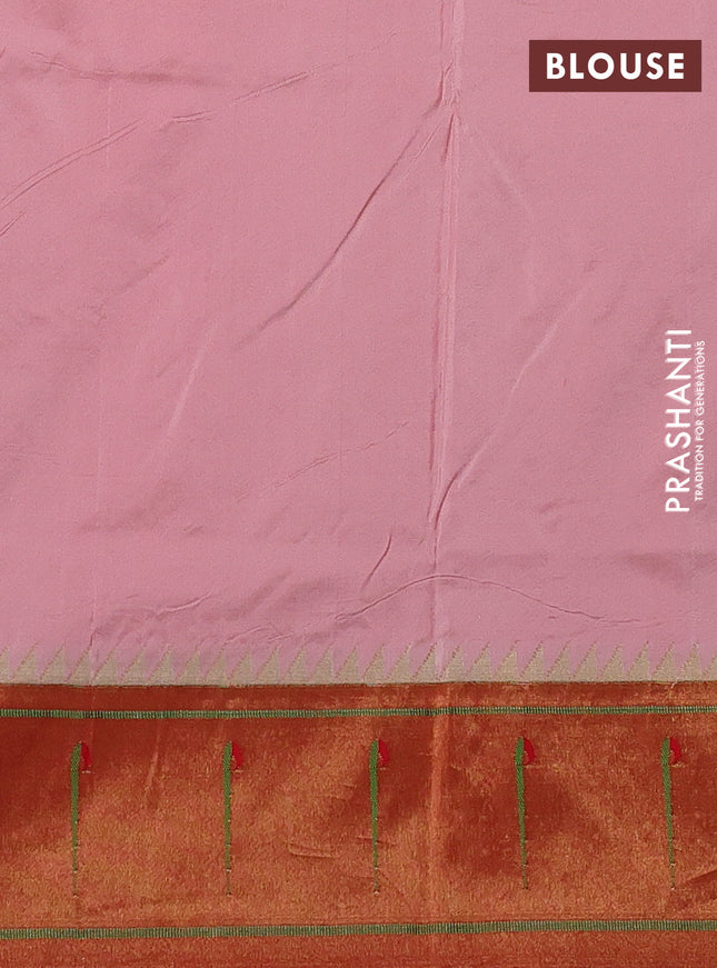 Pure paithani silk saree mild peach and red with allover zari woven buttas and zari woven muniya butta border