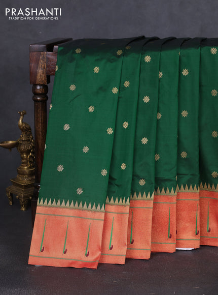 Pure paithani silk saree green and red with allover zari woven buttas and zari woven muniya butta border