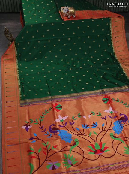 Pure paithani silk saree green and red with allover zari woven buttas and zari woven muniya butta border