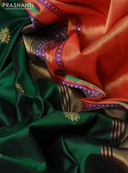 Pure paithani silk saree green and red with allover zari woven buttas and zari woven muniya butta border