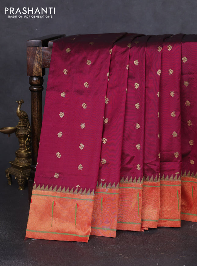 Pure paithani silk saree dark magenta pink and red with allover zari woven buttas and zari woven muniya butta border