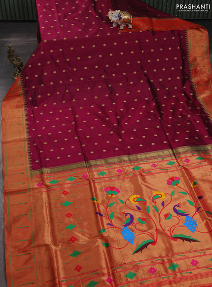 Pure paithani silk saree dark magenta pink and red with allover zari woven buttas and zari woven muniya butta border