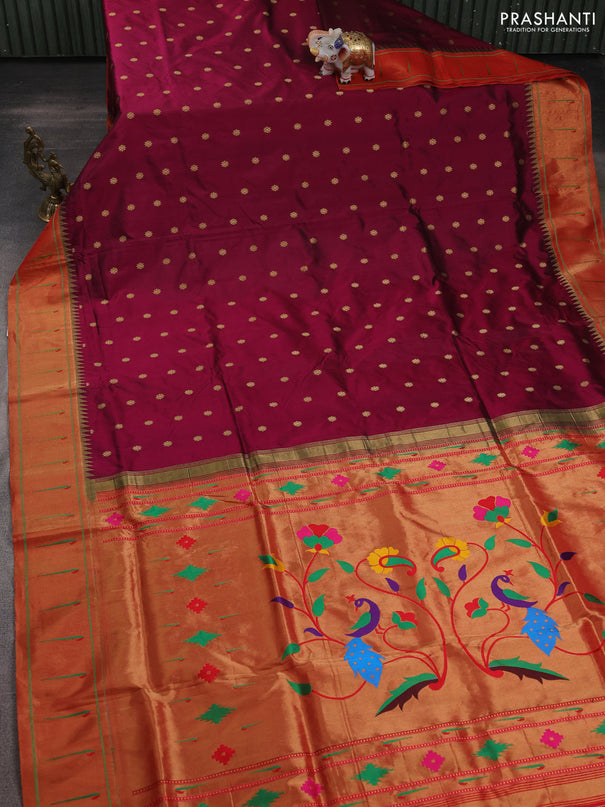 Pure paithani silk saree dark magenta pink and red with allover zari woven buttas and zari woven muniya butta border