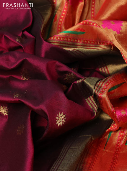 Pure paithani silk saree dark magenta pink and red with allover zari woven buttas and zari woven muniya butta border