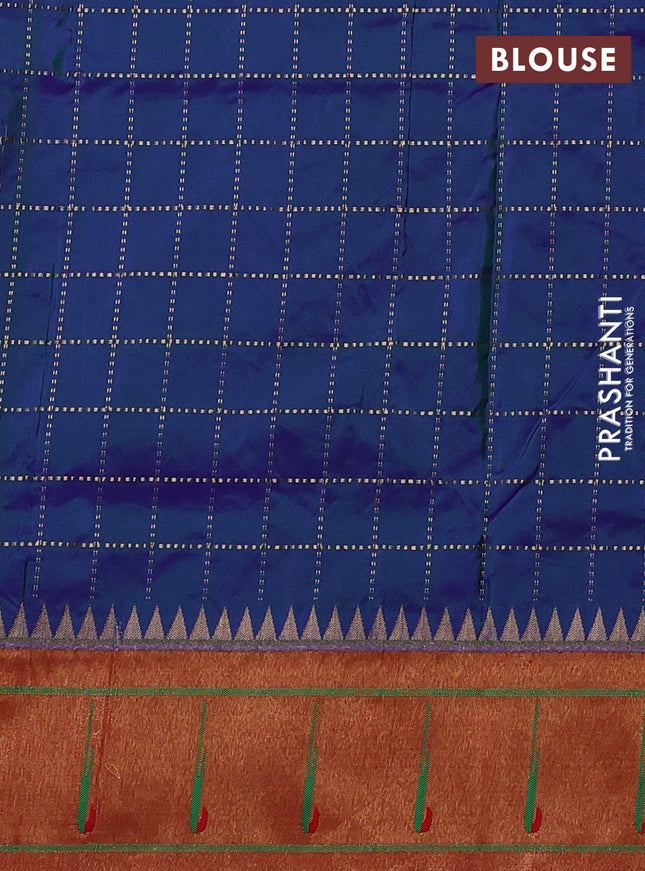 Pure paithani silk saree dual shade of blue and red with allover zari checks & buttas and zari woven muniya butta border