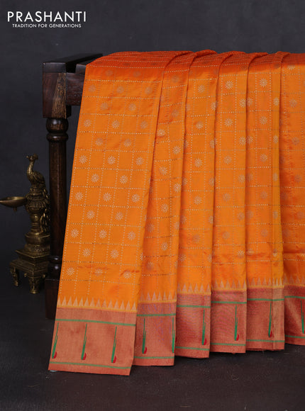 Pure paithani silk saree mango yellow and red with allover zari checks & buttas and zari woven muniya butta border